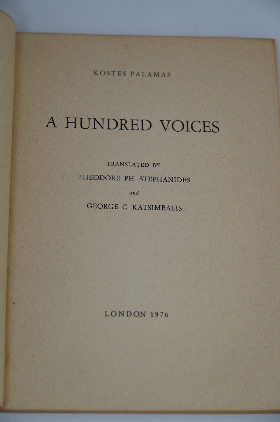 Theodore Stephanides interest; a small archive of correspondence along with a signed and dedicated copy of A Hundred Voices, pub. Kostes Palamas 1976, between Stephanides and Eleanor Peters, including letters, a postcard